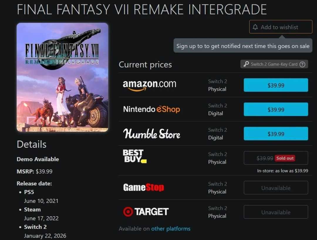 太火爆了! 《最终幻想7》NS2重制实体版在美国几乎售罄